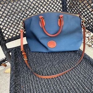Dooney & Bourke Blue and Brown Shoulder Bag with Leather Trim